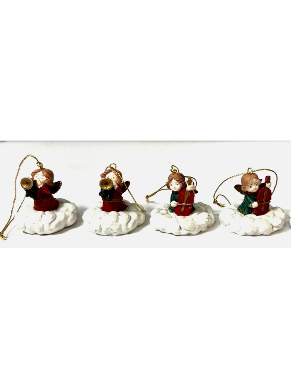 Set Of 4 Christmas Angel Ornaments Playing Instruments On Clouds